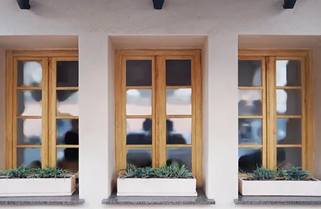 windows with wooden frames.