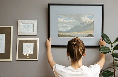 woman hanging picture frame.